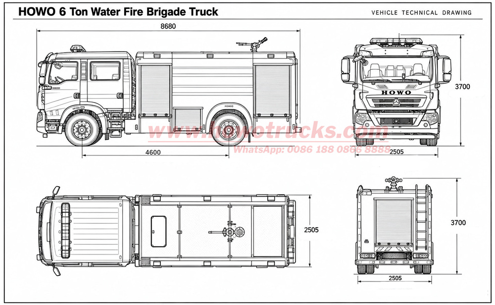 HOWO TX 6cbm water tank fire engine technical drawing